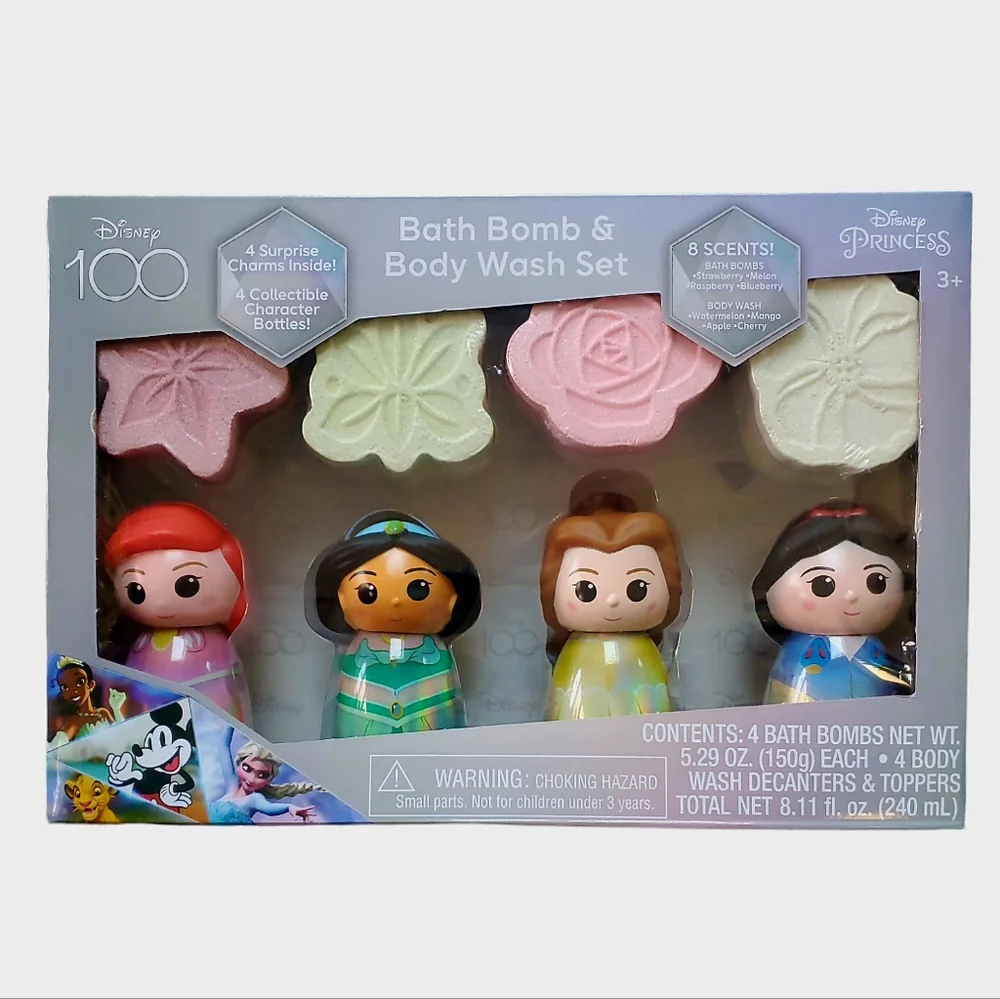 Disney 100yr Disney Princess Bath Bomb & Body Wash 8 Piece Set 4 Charms NIB